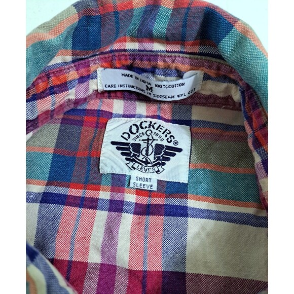 Dockers Men's Madras Plaid Short Sleeve Button Up Shirt Red Green Purple Vintage - Picture 3 of 7